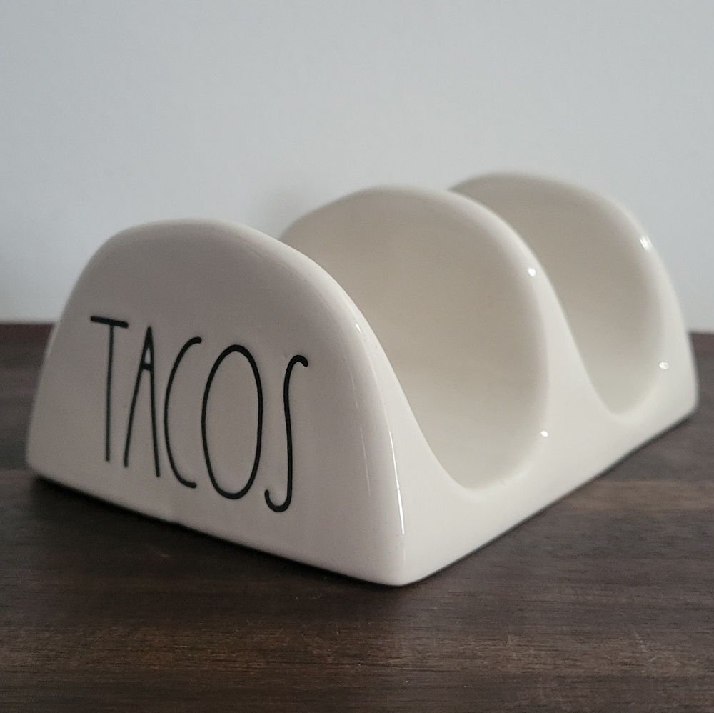 Rae Dunn Ceramic Taco Holder — White with Black Lettering